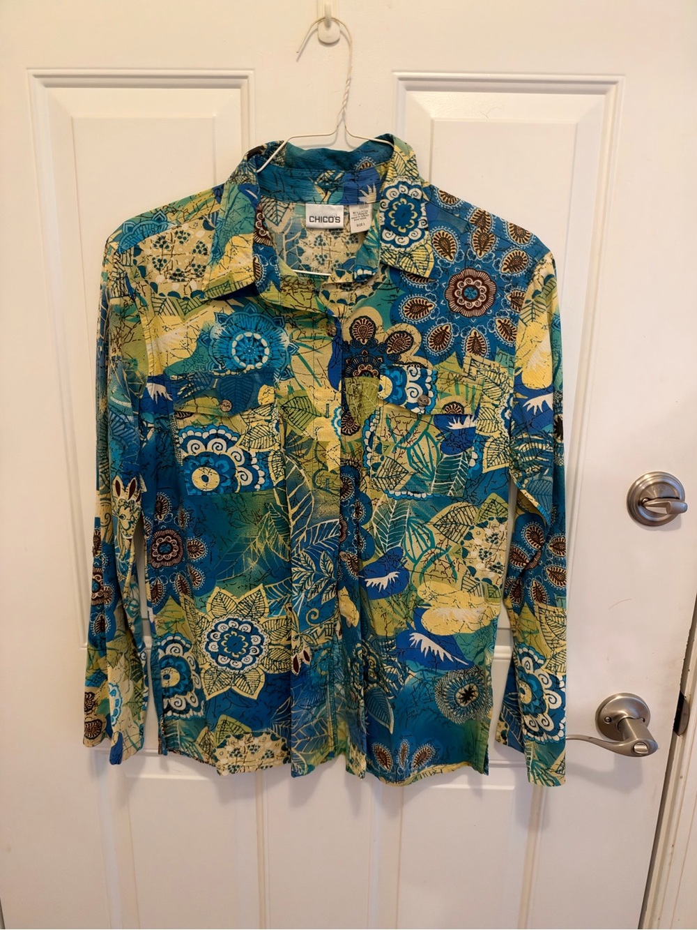 Chico's Floral Button Down Shirt Blue & Green Size 1 Like New